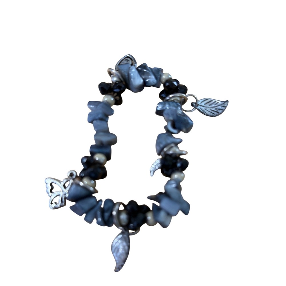 Grey Stone Chip‎ Black Beaded Stretch Bracelet Silver Butterfly Leaf Charms 831